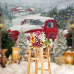 Lofaris Red Snowy Truck Teddy Bear Cabin Christmas Backdrop