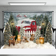 Lofaris Red Snowy Truck Teddy Bear Cabin Christmas Backdrop