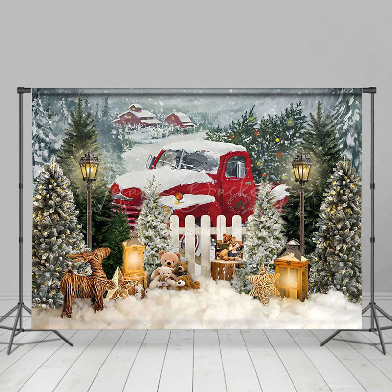 Lofaris Red Snowy Truck Teddy Bear Cabin Christmas Backdrop