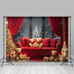 Lofaris Red Sofa Bears Snowy Window Scene Christmas Backdrop