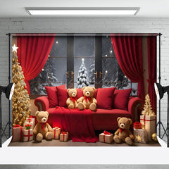 Lofaris Red Sofa Bears Snowy Window Scene Christmas Backdrop