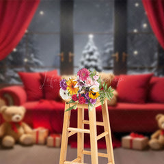 Lofaris Red Sofa Teddy Bear Curtain Window Tree Xmas Backdrop