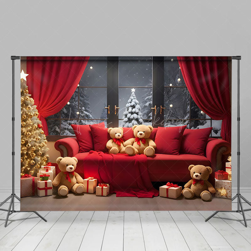 Lofaris Red Sofa Teddy Bear Curtain Window Tree Xmas Backdrop