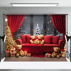 Lofaris Red Sofa Teddy Bear Curtain Window Tree Xmas Backdrop