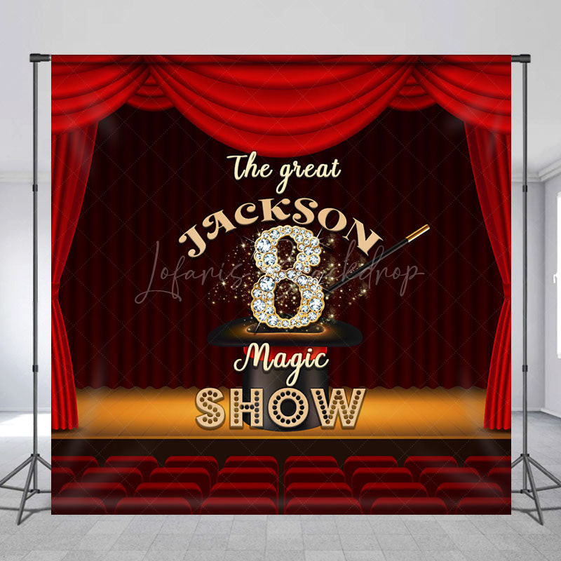 Lofaris Red Stage Magic Custom Name 8th Birthday Backdrop