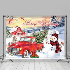 Lofaris Red Truck Christmas Tree Snowman Sunset Backdrop