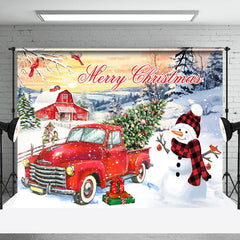 Lofaris Red Truck Christmas Tree Snowman Sunset Backdrop