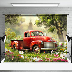 Lofaris Red Truck Garden Fence Floral Spring Photo Backdrop