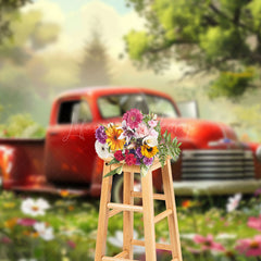 Lofaris Red Truck Garden Fence Floral Spring Photo Backdrop