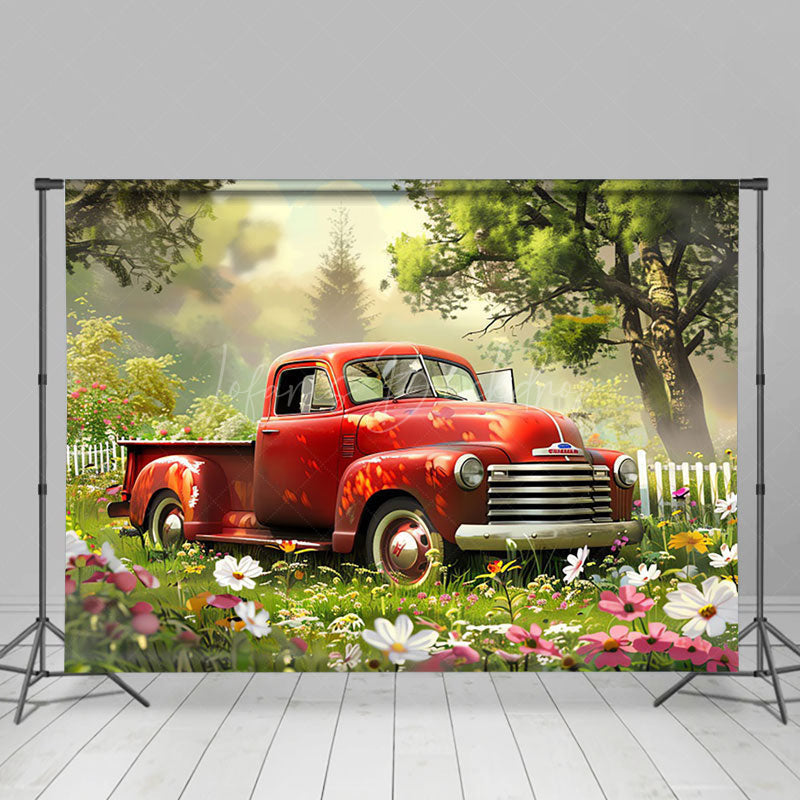 Lofaris Red Truck Garden Fence Floral Spring Photo Backdrop