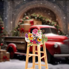 Lofaris Red Truck Pulling Christmas Presents Photo Backdrop