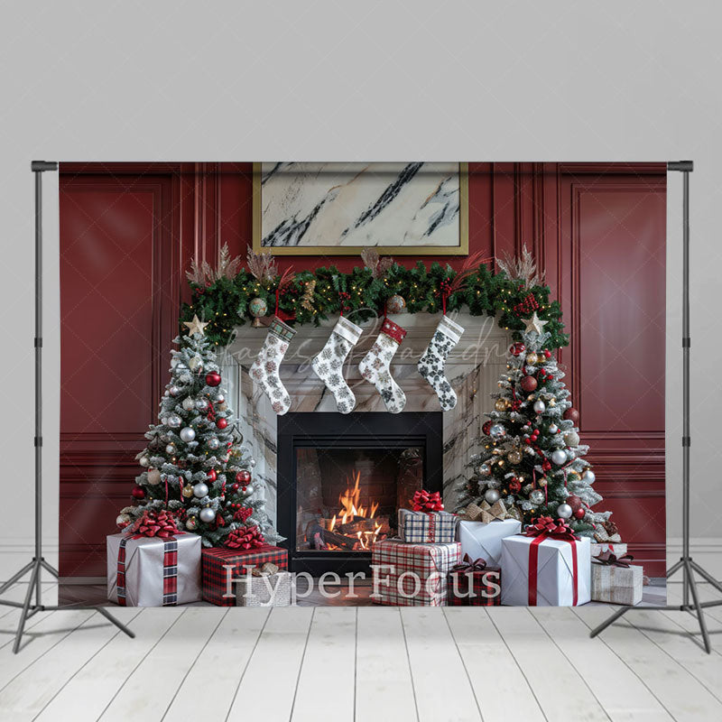 Lofaris Red Vintage Wall Fireplace Christmas Vibe Backdrop