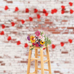 Lofaris Red White Bricks Wall Heart Valentines Day Backdrop