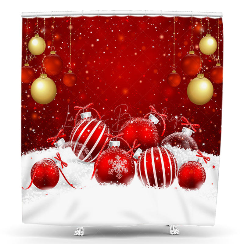 Lofaris Red White Snowy Gold Bells Christmas Shower Curtain