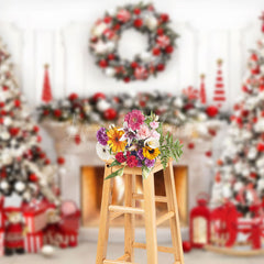 Lofaris Red White Wreath Tree Fireplace Christmas Backdrop