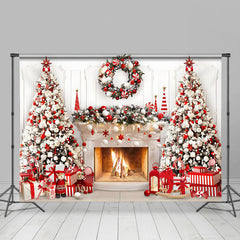 Lofaris Red White Wreath Tree Fireplace Christmas Backdrop