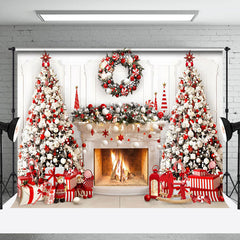 Lofaris Red White Wreath Tree Fireplace Christmas Backdrop