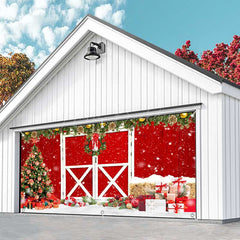 Lofaris Red Wood Barn Door Pine Leaves Garage Banner