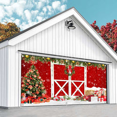 Lofaris Red Wood Barn Door Pine Leaves Garage Banner