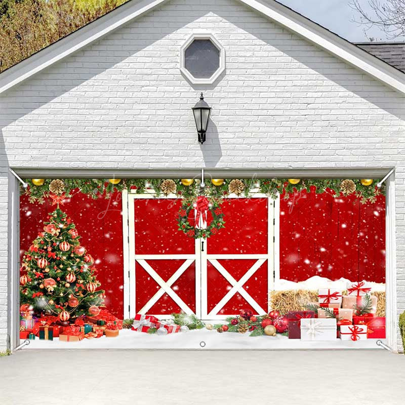 Lofaris Red Wood Barn Door Pine Leaves Garage Banner