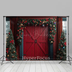 Lofaris Red Wood Door Festive Christmas Vibe Photo Backdrop