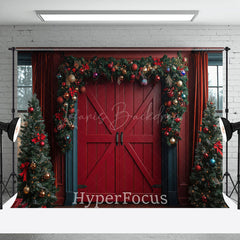 Lofaris Red Wood Door Festive Christmas Vibe Photo Backdrop