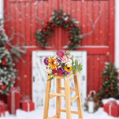 Lofaris Red Wood Wall Door Wreath Snow Christmas Backdrop