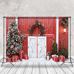 Lofaris Red Wood Wall Door Wreath Snow Christmas Backdrop