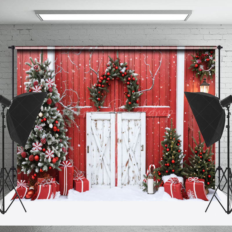 Lofaris Red Wood Wall Door Wreath Snow Christmas Backdrop