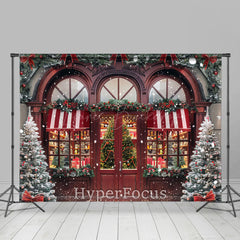 Lofaris Red Wooden Lit Store Snowy Festive Christmas Backdrop