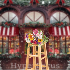 Lofaris Red Wooden Lit Store Snowy Festive Christmas Backdrop