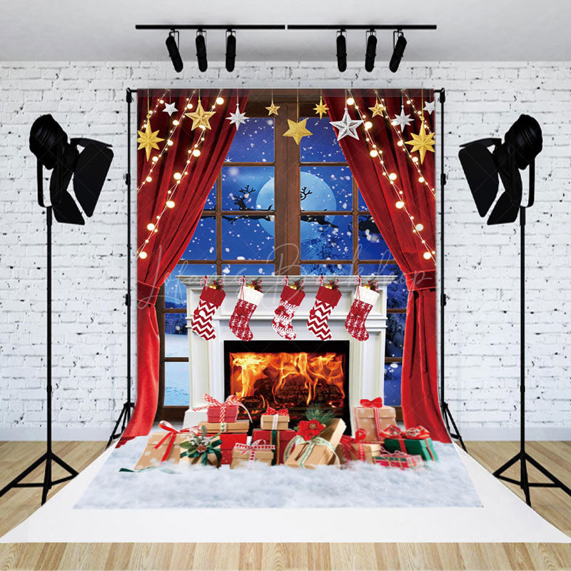 Lofaris Reindeer Indoor Fireplace At Night Christmas Backdrop