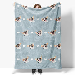 Lofaris Repeated Dog Head Heart Name Blue Custom Pet Blanket