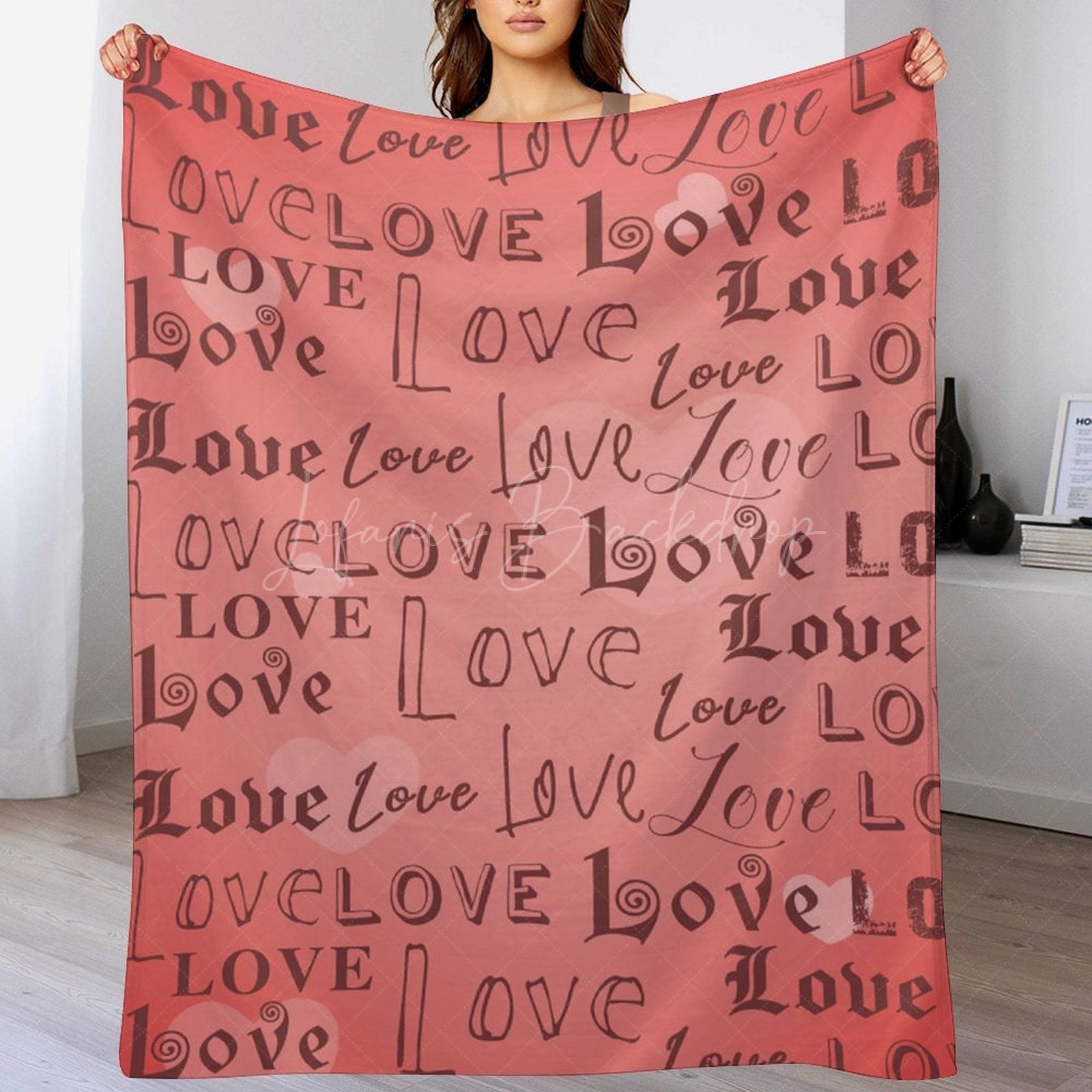 Lofaris Repeated Love Pink Heart Valentines Day Text Blanket