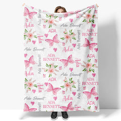 Lofaris Repeated Pink Butterfly Floral Custom Name Blanket