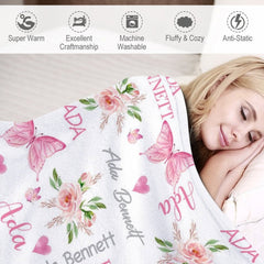 Lofaris Repeated Pink Butterfly Floral Custom Name Blanket