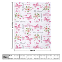 Lofaris Repeated Pink Butterfly Floral Custom Name Blanket