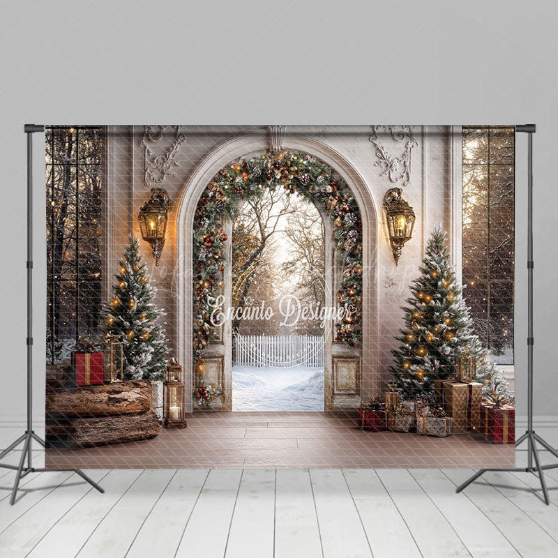 Lofaris Retro Arch Luxury Gate Snowy Christmas Vibe Backdrop