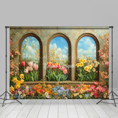 Lofaris Retro Arch Wall Colorful Floral Spring Backdrop