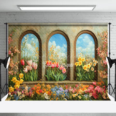 Lofaris Retro Arch Wall Colorful Floral Spring Backdrop