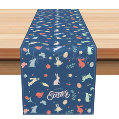 Lofaris Retro Blue Dense Bunny Floral Easter Table Runner