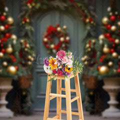 Lofaris Retro Blue Door Trees Celebrates Christmas Backdrop