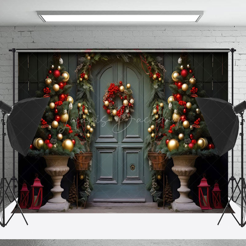 Lofaris Retro Blue Door Trees Celebrates Christmas Backdrop