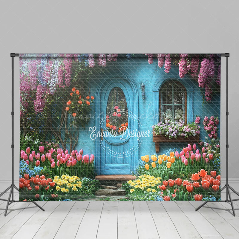 Lofaris Retro Blue Garden Cabin Floral Spring Photo Backdrop