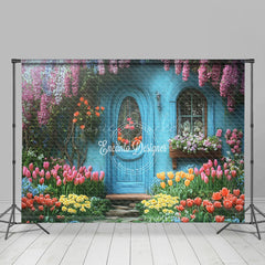 Lofaris Retro Blue Garden Cabin Floral Spring Photo Backdrop