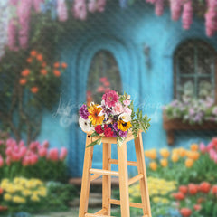 Lofaris Retro Blue Garden Cabin Floral Spring Photo Backdrop