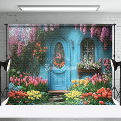 Lofaris Retro Blue Garden Cabin Floral Spring Photo Backdrop