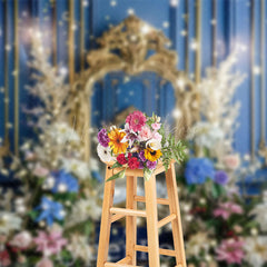 Lofaris Retro Blue Gold Wall Colorful Floral Photo Backdrop