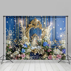 Lofaris Retro Blue Gold Wall Colorful Floral Photo Backdrop