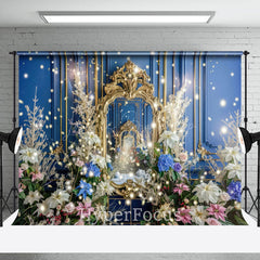 Lofaris Retro Blue Gold Wall Colorful Floral Photo Backdrop